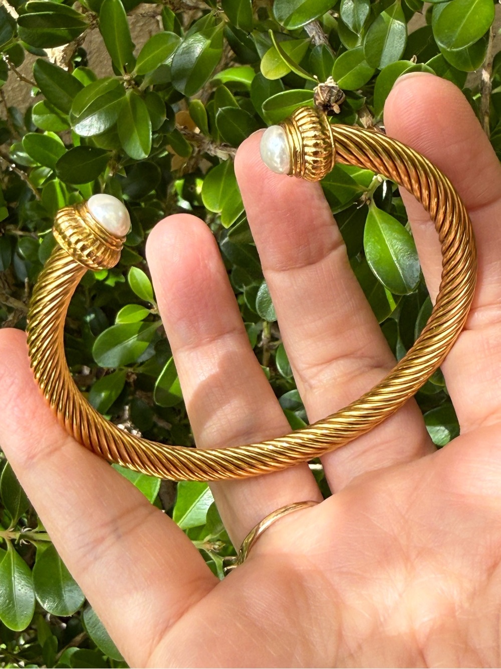 Gold-Tone Twisted Cable Cuff Bracelet with Pearl Endcaps - Picture 2 of 7